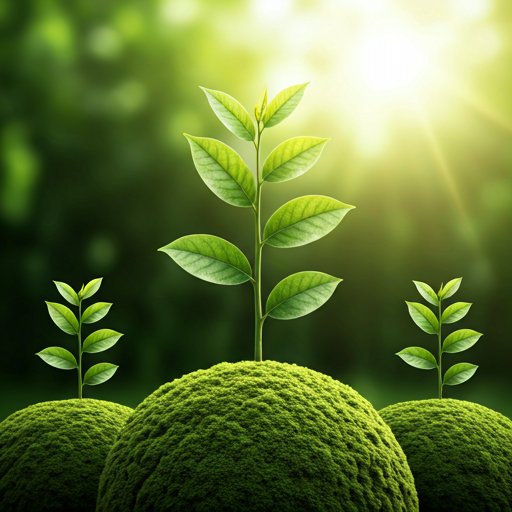 Young green sapling growing out of rich dark soil, held by hands in gardening gloves with soft natural lighting
