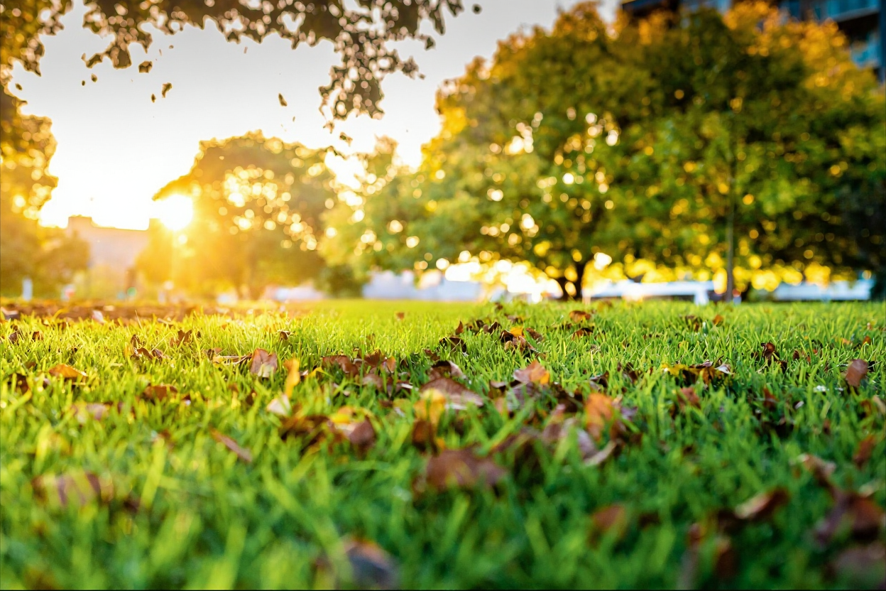 Beautifully manicured lawn with crisp diagonal stripes under soft morning sunlight